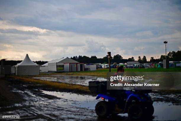 General view of the muddy camping compound ahead the Hurricane Festival 2017 on June 22, 2017 in Scheessel, Germany. The area of the festival was hit...