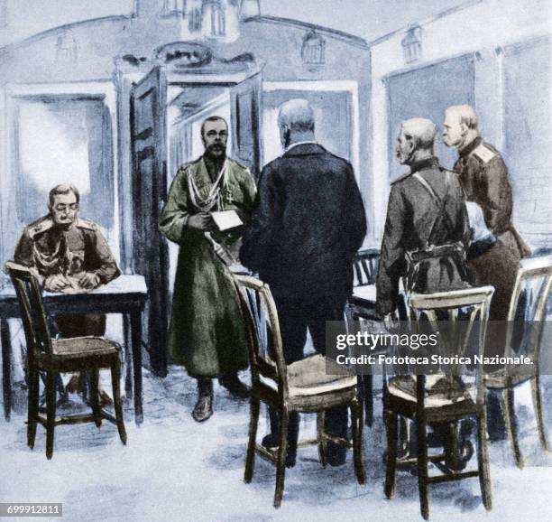 Russian Revolution, Czar Nicholas II Romanov , the last emperor of Russia, reads the act of abdication to the messengers of Kerensky the Duma in its...