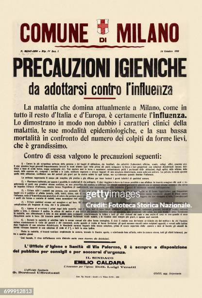 About the Spanish flu epidemic of 1918, manifesto posted by the City of Milan to deal with the serious outbreak which had attacked the population...