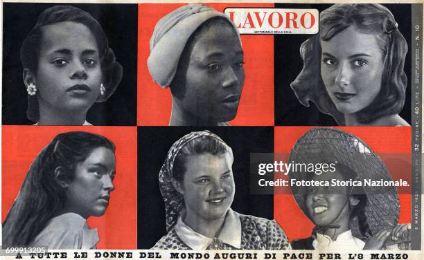 From the magazine 'Lavoro' : title on cover and on back-cover: . Pictured women of all ethnicities. From 'Lavoro - illustrated weekly of the CGIL',...