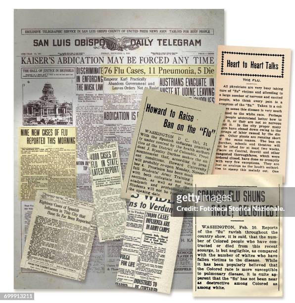 Scraps with news of the spread of Spanish flu. Front page of the newspaper San Luis Obispo Daily Telegraph and various clippings from local...