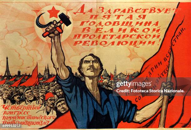Propaganda poster by Ivan Simakov. Colour lithograph, Russia, Moscow 1922.