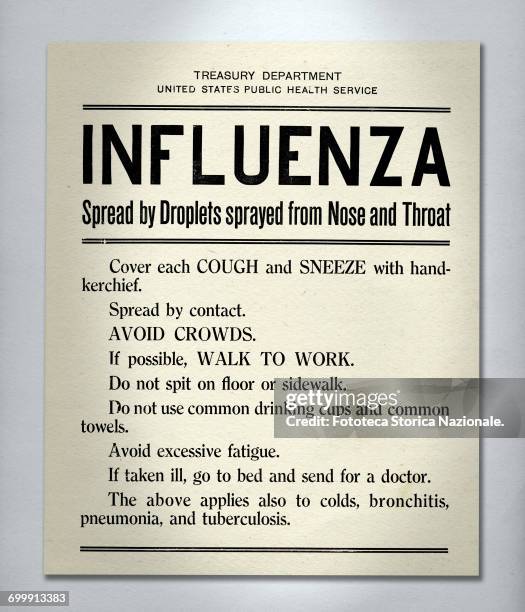 Rules to reduce the spread of Spanish flu posting by the US Public Health Service. Cough or sneeze into your mouth with a handkerchief, avoid crowded...