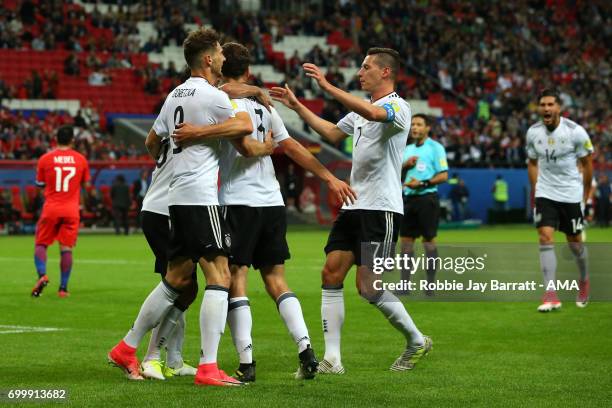 Lars Stindl of Germany celebrates scoring a goal to make the score 1-1 with his team-mates during the FIFA Confederations Cup Russia 2017 Group B...