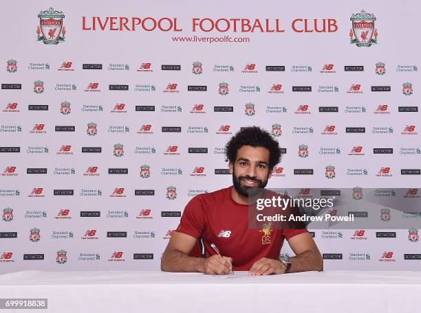 Mohamed Salah new signing for Liverpool at Melwood Training Ground on June 22, 2017 in Liverpool, England.