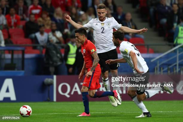 Alexis Sanchez of Chile competes with Shkodran Mustafi and Jonas Hector of Germany during the FIFA Confederations Cup Russia 2017 Group B match...