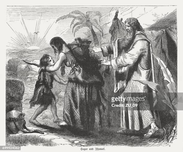 expulsion of hagar and ishmael (genesis 21, 14), published 1886 - abraham bible stock illustrations