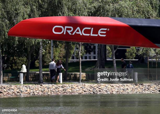 The Oracle logo is displayed on an Oracle Team USA racing catamaran outside of Oracle headquarters on June 22, 2017 in Redwood Shores, California....