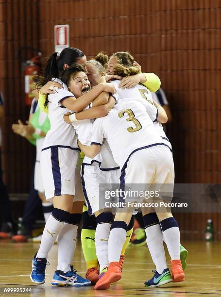 Players of Italy celebrates after Marfil Errico scored the 1-0 goal during the U17 Women Futsal Tournament match between Italy and Kazakhstan on June...