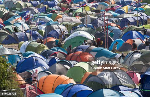 Recently erected tents are seen at the Glastonbury Festival site at Worthy Farm in Pilton on June 22, 2017 near Glastonbury, England. The largest...