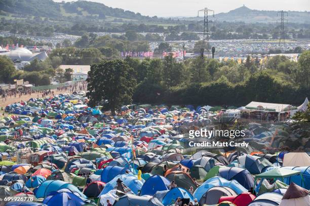 Recently erected tents are seen at the Glastonbury Festival site at Worthy Farm in Pilton on June 22, 2017 near Glastonbury, England. The largest...
