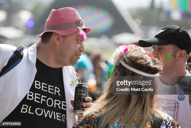 People gather in front of the Pyramid Stage at the Glastonbury Festival site at Worthy Farm in Pilton on June 22, 2017 near Glastonbury, England. The...