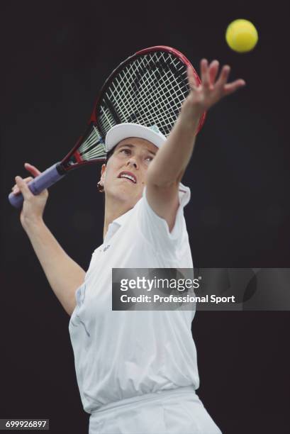 English tennis player Jo Durie pictured in action during competition in the Women's Singles tournament at the 1993 Lipton Championships at the Tennis...