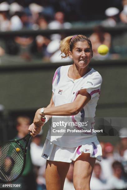 Yugoslavian tennis player Monica Seles pictured in action during competition to reach the quarterfinals of the Women's Singles tournament at the...