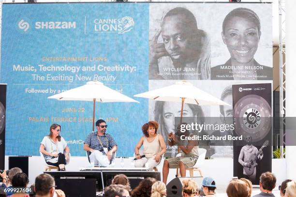 Susan Credle, Gregory Glenday, Madeline Nelson and Grammy Award Winning Musician Wyclef Jean speak during the Cannes Lions Festival 2017 on June 22,...