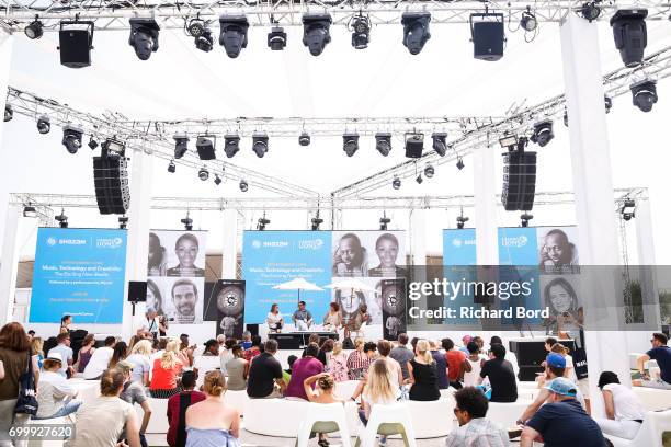 Susan Credle, Gregory Glenday, Madeline Nelson and Grammy Award Winning Musician Wyclef Jean speak during the Cannes Lions Festival 2017 on June 22,...