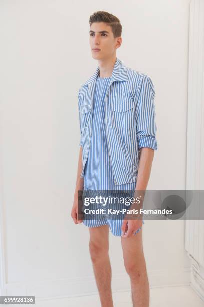 Model poses during the Essius Presentation - Menswear Spring/Summer 2018 show as part of Paris Fashion Week on June 22, 2017 in Paris, France.