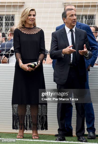 Queen Maxima of The Netherlands and Mayor of Milan Giuseppe Sala attend a football clinic for integration organized by Italian Football Federation at...