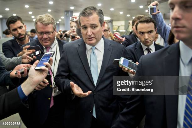 Senator Ted Cruz, a Republican from Texas, speaks to members of the media in the basement of the U.S. Capitol in Washington, D.C., U.S., on Thursday,...