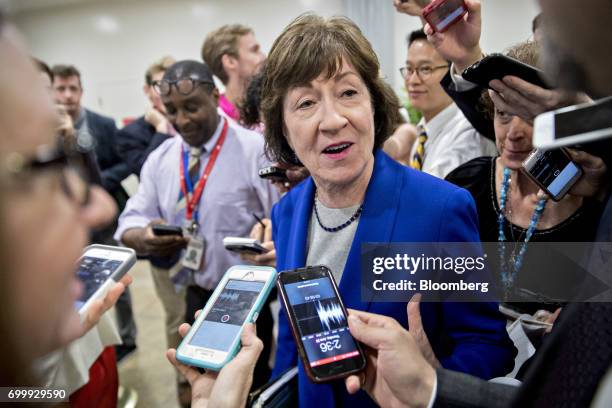 Senator Susan Collins, a Republican from Maine, speaks to members of the media in the basement of the U.S. Capitol in Washington, D.C., U.S., on...