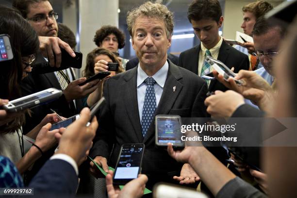 Senator Rand Paul, a Republican from Kentucky, speaks to members of the media in the basement of the U.S. Capitol in Washington, D.C., U.S., on...