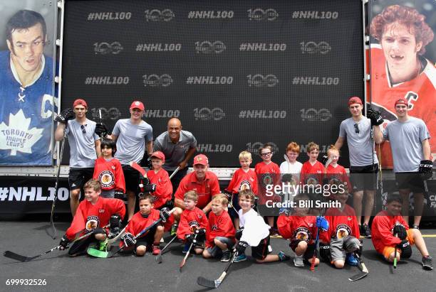 Top draft prospects Nico Hischier, Casey Mittelstadt and Gabriel Vilardi and Nolan Patrick pose with youth hockey players,100 Greatest NHL Player...