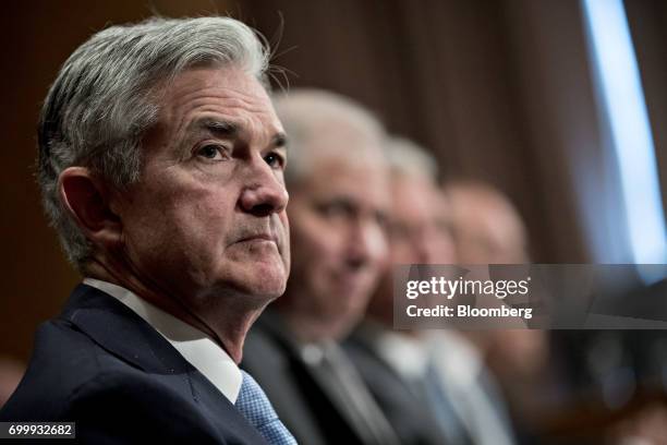 Jerome Powell, governor of the U.S. Federal Reserve, listens during a Senate Banking Committee hearing in Washington, D.C., U.S., on Thursday, June...