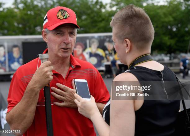 Greatest NHL Player Denis Savard is interviewed during the Top Prospects Hockey Clinic at the NHL Centennial Fan Arena on June 22, 2017 at the United...