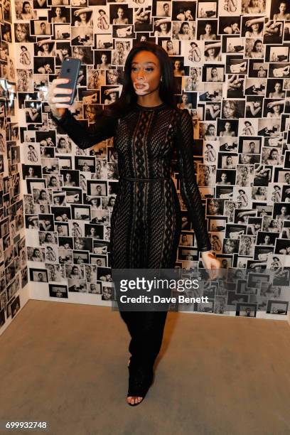 Winnie Harlow attends Kate Moss & Mario Sorrenti launch of the OBSESSED Calvin Klein fragrance launch at Spencer House on June 22, 2017 in London,...