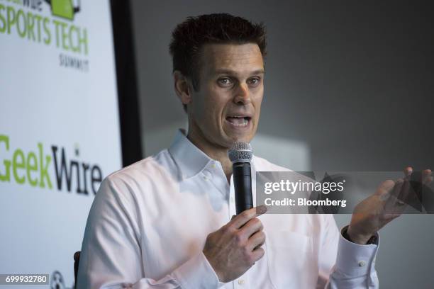 Jerry Dipoto, executive vice president of the Seattle Mariners, speaks during the GeekWire Sports Tech Summit in Seattle, Washington, U.S., on...