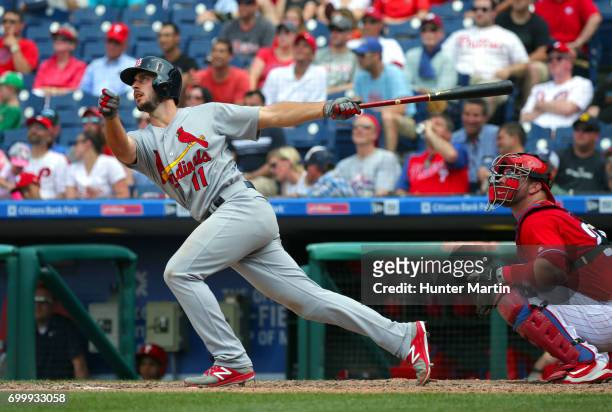 Paul DeJong of the St. Louis Cardinals hits a solo home run in the eighth inning during a game against the Philadelphia Phillies at Citizens Bank...