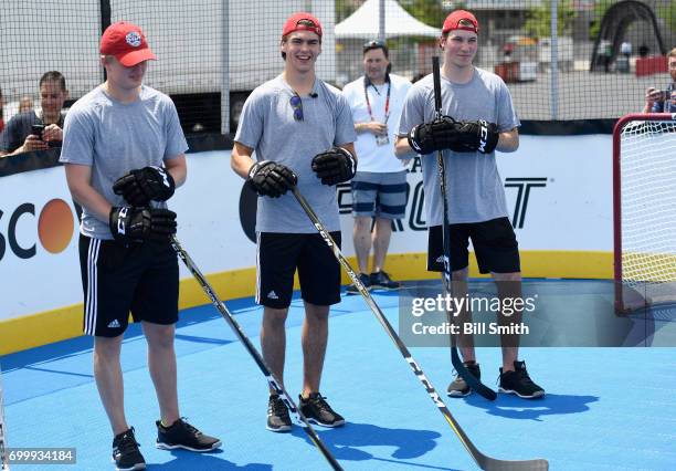 Top draft prospects Casey Mittelstadt, Nico Hischier and Nolan Patrick participate in the Top Prospects Hockey Clinic at the NHL Centennial Fan Arena...