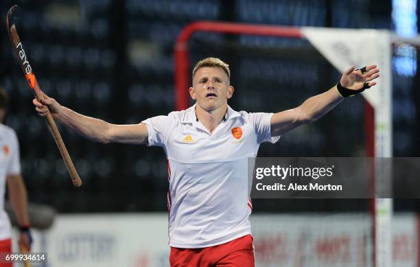 Sam Ward of England celebrates scoring his teams fourth goal during the quarter final match between England and Canada on day seven of the Hero...