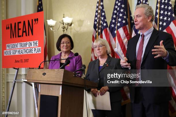 Sens. Mazie Hirono , Patty Murray and Chris Van Hollen hold a news conference following the release of the GOP plan to replace Obamacare at the U.S....