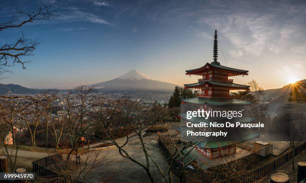 mount fuji view at sunset - japanese pagoda bildbanksfoton och bilder