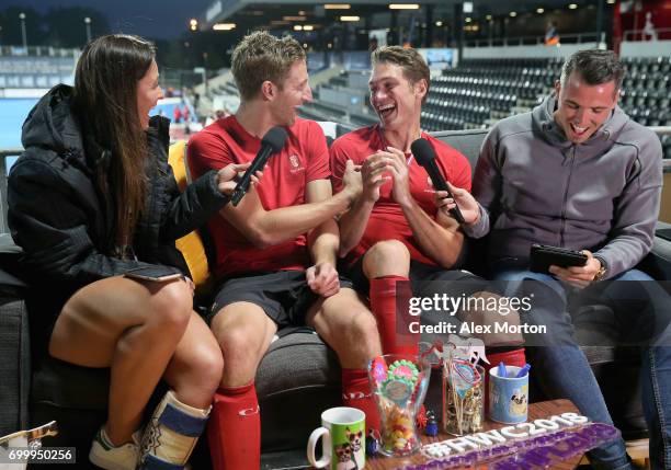 John Smythe of Canada and Mark Pearson of Canada speak on the social sofa after the quarter final match between England and Canada on day seven of...