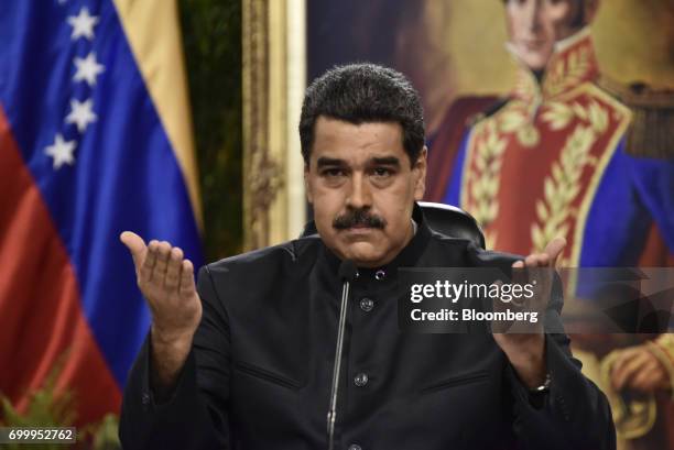 Nicolas Maduro, president of Venezuela, gestures during a press conference in Caracas, Venezuela, on Thursday, June 22, 2017. Since June 15, Maduro...