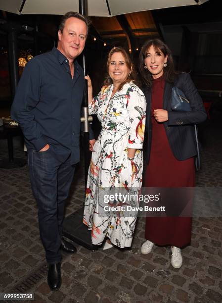 David Cameron, Alexandra Shulman and Samantha Cameron attend British Vogue editor Alexandra Shulman's leaving party at Dock Kitchen on June 22, 2017...