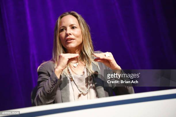 Actor, Activist, Author and Producer Maria Bello participates in "Sun Ladies" film discussion during day one of The Art of VR at Sotheby's on June...