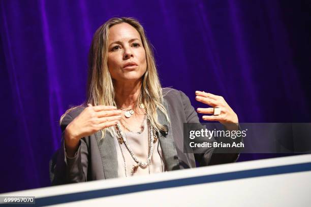 Actor, Activist, Author and Producer Maria Bello participates in "Sun Ladies" film discussion during day one of The Art of VR at Sotheby's on June...