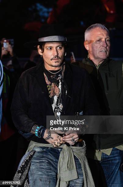 American actor Johnny Depp introduces his film "The Libertine" on day 1 of the Glastonbury Festival 2017 at Worthy Farm, Pilton on June 22, 2017 in...