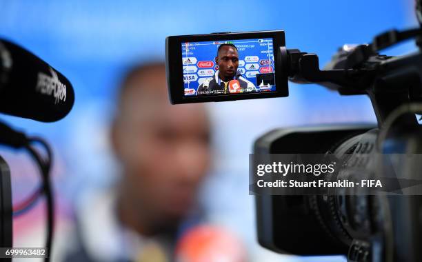 Jacques Zoua of Cameroon talks to the media afterthe FIFA Confederation Cup Group B match between Cameroon and Australia at Saint Petersburg Stadium...