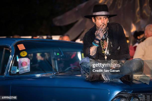 Johnny Depp indruduces a screening of "The Libertine" film at the Cineramageddon cinema on day 1 of the Glastonbury Festival 2017 at Worthy Farm,...