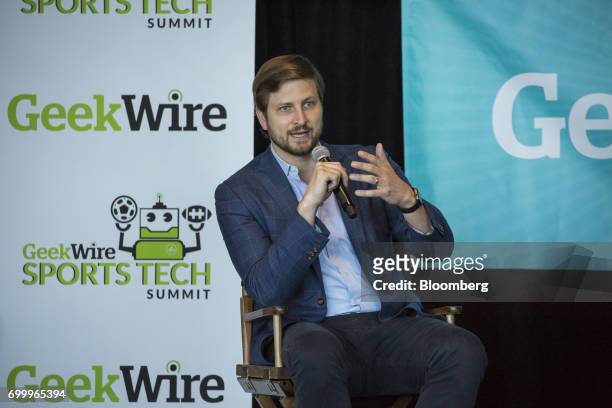 Tucker Kain, chief financial officer of Los Angeles Dodgers LLC, speaks during the GeekWire Sports Tech Summit in Seattle, Washington, U.S., on...