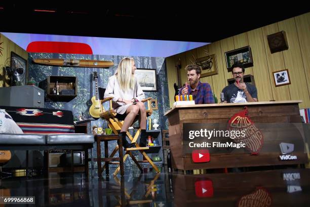 YouTube personality Jenn McAllister a.k.a. Jennxpenn, comedians Rhett James McLaughlin and Charles Lincoln 'Link' Neal appear at the YouTube @ VidCon...