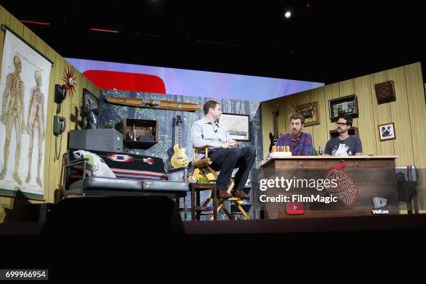 Director, YouTube Originals Ben Relles, comedians Rhett James McLaughlin and Charles Lincoln 'Link' Neal appear at the YouTube @ VidCon Brand Lounge...