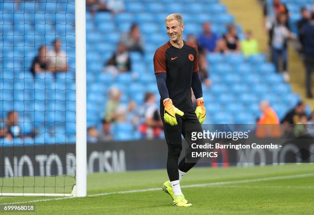 Manchester City's keeper Joe Hart warms up during the game against Steaua Bucharest