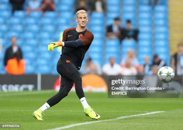 Manchester City's keeper Joe Hart warms up during the game against Steaua Bucharest