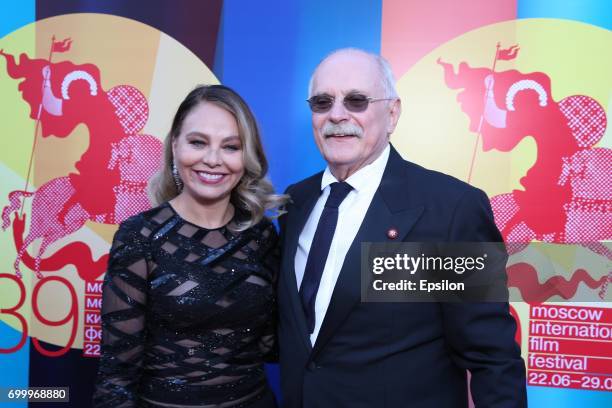 Italian actress Ornella Muti and Russian film director Nikita Mikhalkov attend opening of the 39th Moscow International Film Festival outside the...