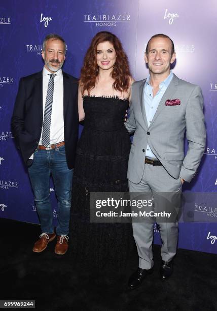 David Kohan, Debra Messing and Max Mutchnick attend the Logo's 2017 Trailblazer Honors event at Cathedral of St. John the Divine on June 22, 2017 in...